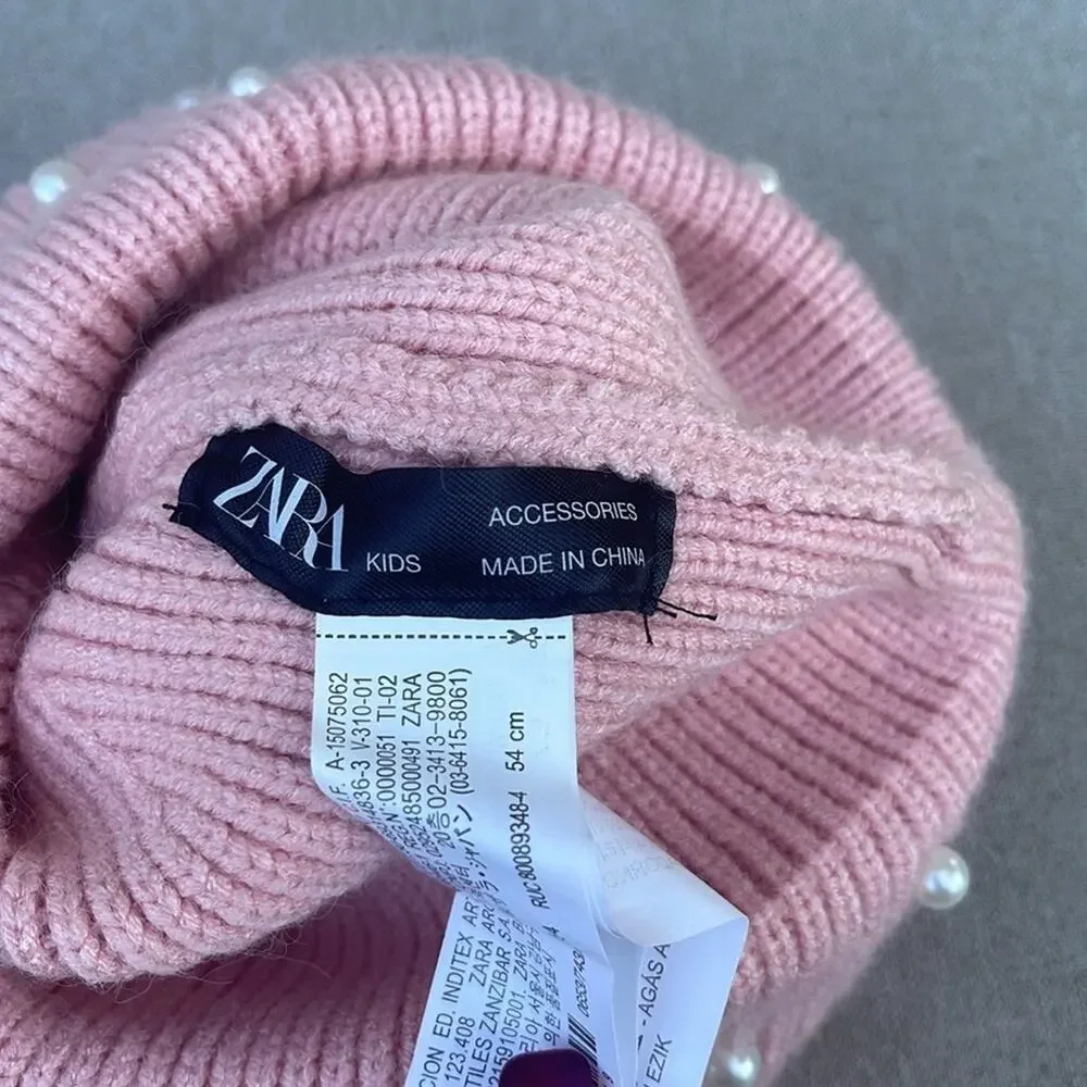 Zara Kids light pink beanie hat pompom faux pearls